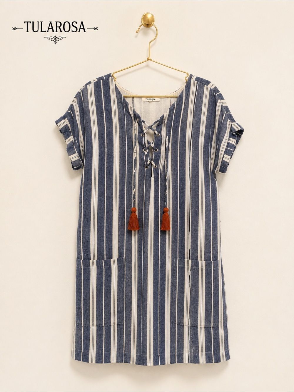 Tularosa Blue and White Striped Cotton Dress with Bohemian Tassles